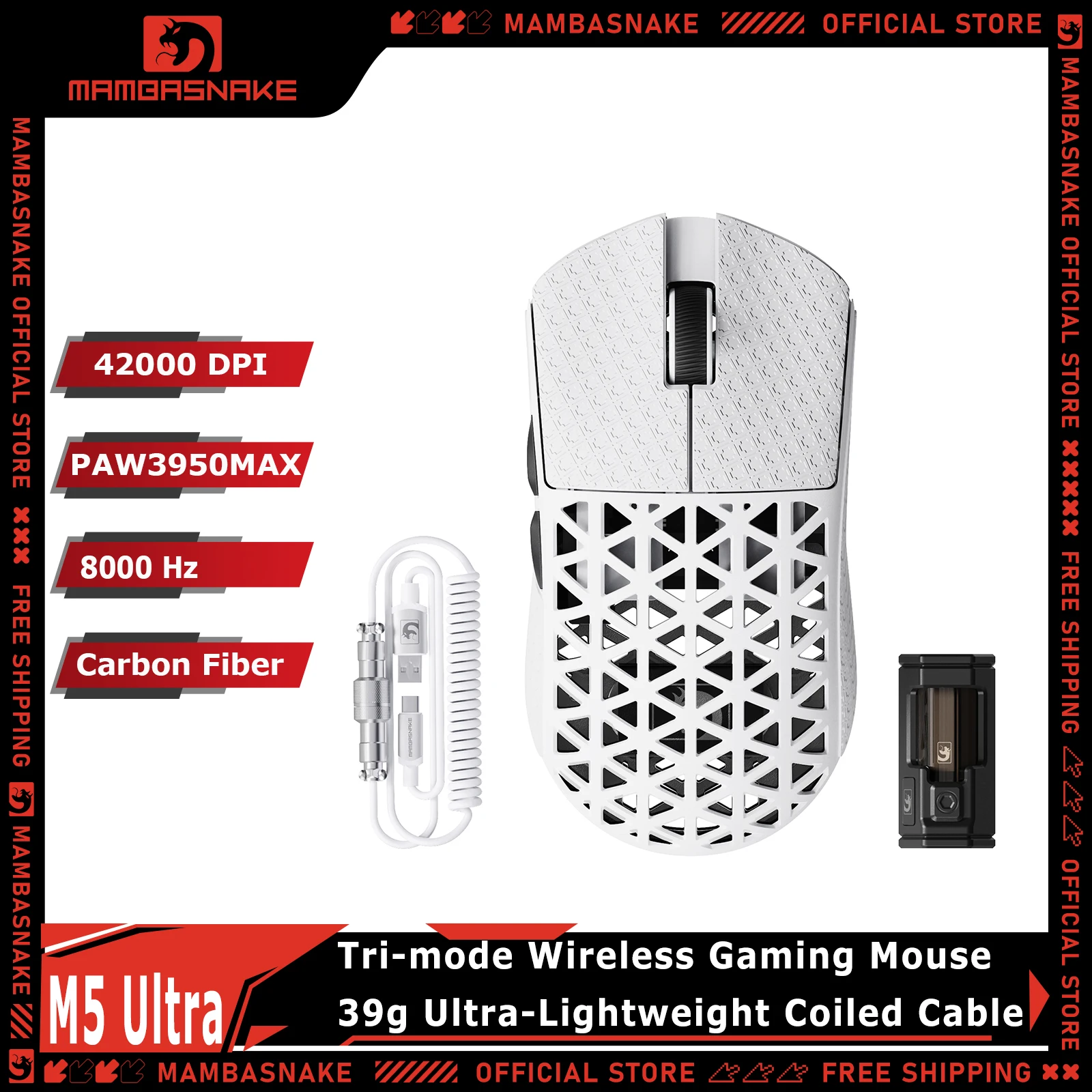 MAMBASNAKE M5 Ultra Carbon Fiber 8000Hz Wireless Gaming Mouse 39g Superlight 42000DPI PAW3950MAX Sensor Coiled Cable for PC/Mac