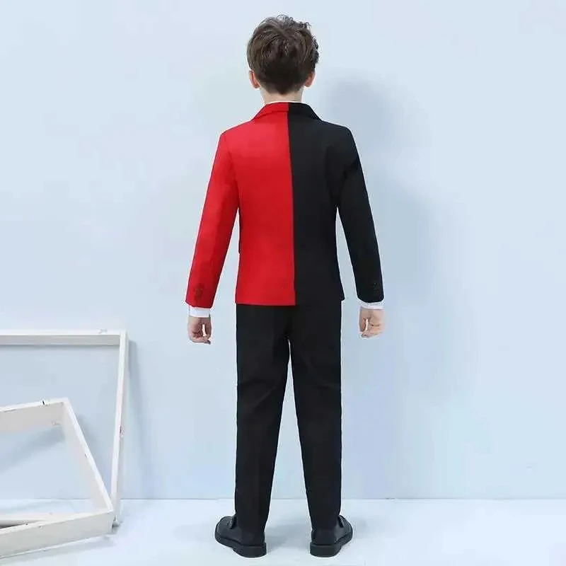 Boys Two Tone Black and Red Color Block Formal Suit Set, Long Sleeve Notched Lapel Single Breasted Blazer with Matching Tie