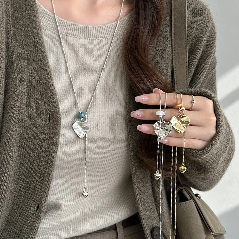 Necklace Irregular Heart Slider Long Sweater Chain Engraved Pendant Adjustable Layered Alloy Gold Tone Lightweight Women Party