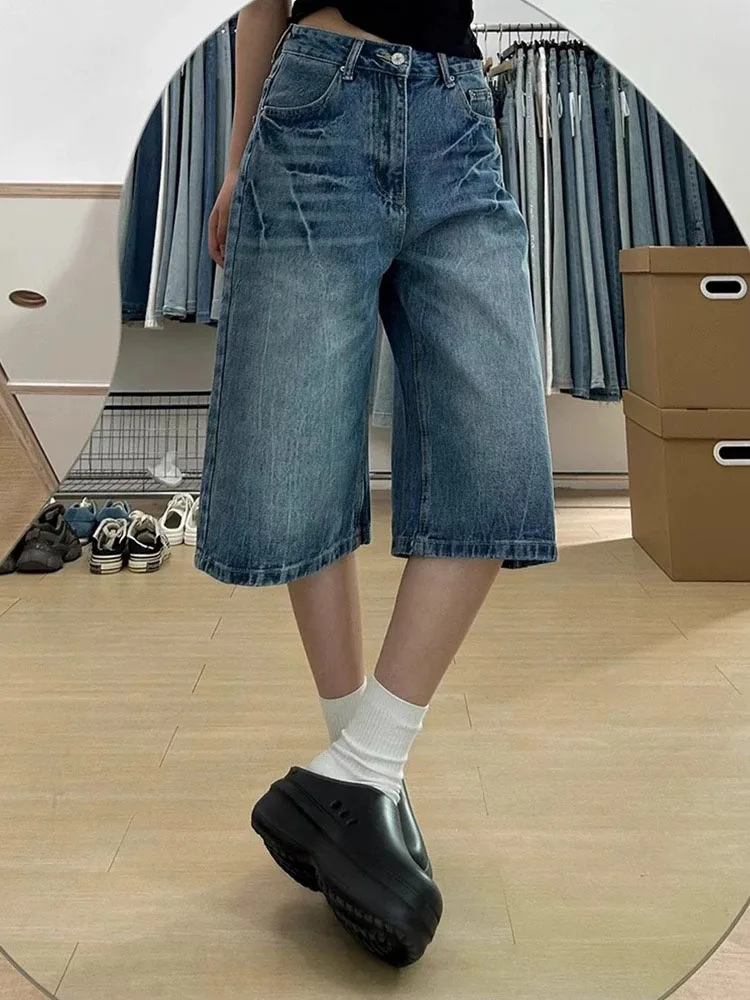 Lose hohe Taille blau American Sle Seven-Five Denim Hosen Damen Herbst Plus Size gerades Bein weites Bein mittlere Hosen