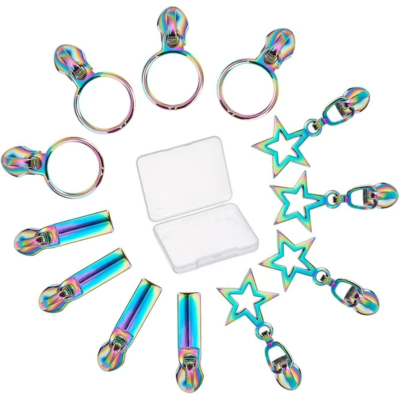 

12PCS Rainbow Zipper Pulls Sliders Auto Lock Zipper Pull Colorful Star Round Metal Replacement Repair Kit Bulk Teeth Zipper Head