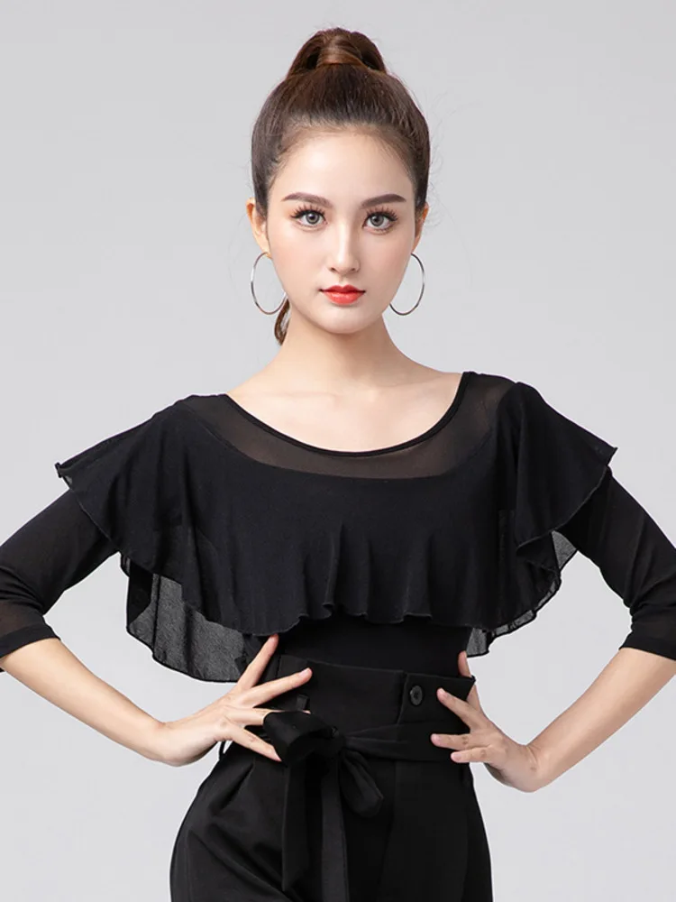 المرأة اللاتينية الرقص ارتداءها شبكة المرقعة انتفض الأكمام سليم صالح السالسا التانغو قميص تمتد تنفس الأداء ممارسة أعلى