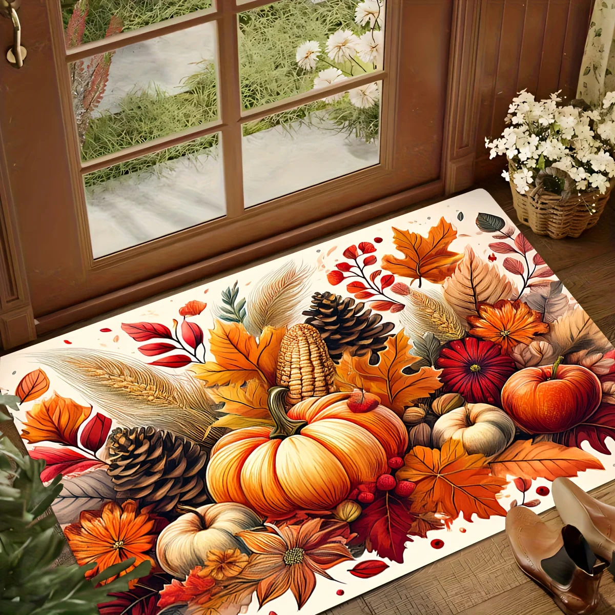 1pc Pumpkin and Maple Leaves Pattern Printing Floor Mat for Home Entrance, Wash Basin Bathtub Side Non-slip Mat, Soft Home Dec