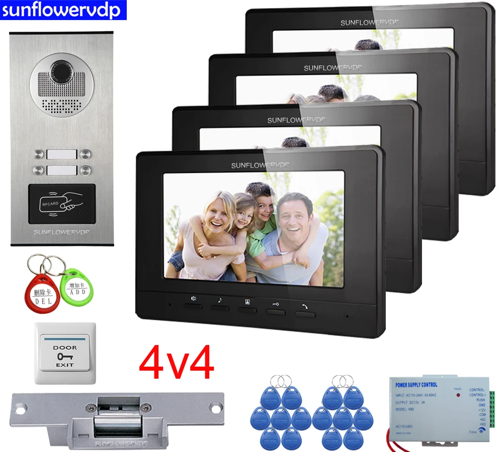 

For 4 Apartments Home Video Intercom System Security Call 4 Buttons Door Phone 7" Color Monitors Doorbell Doorman Full Kit