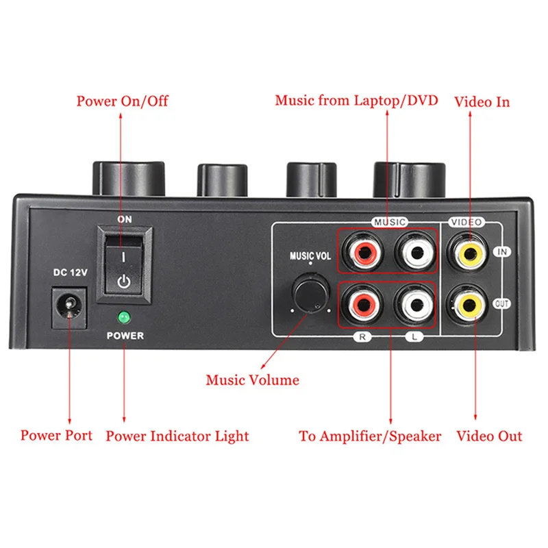ABUE-4X Portable Dual Mic Inputs Audio Sound Mixer For Amplifier & Microphone Karaoke Ok Mixer Black US Plug