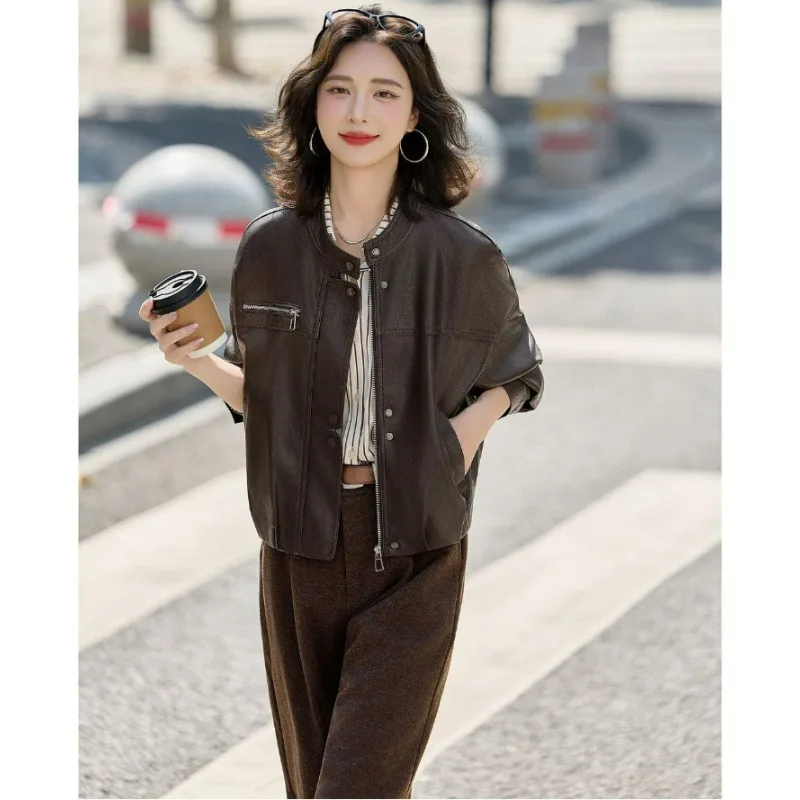 Stand-up Collar Cool Stylish Leather Jacket Women Spring and Autumn New Style High-end Versatile Elegant Pu Leather Jacket Top