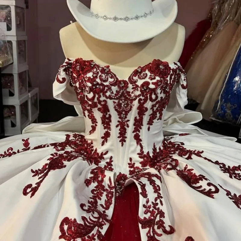

Shiny Red Off Shoulder Quinceanera Dress Tull glitter decal crystal Big Bow layering vestidos de 15 Quinceanera ﻿Customized