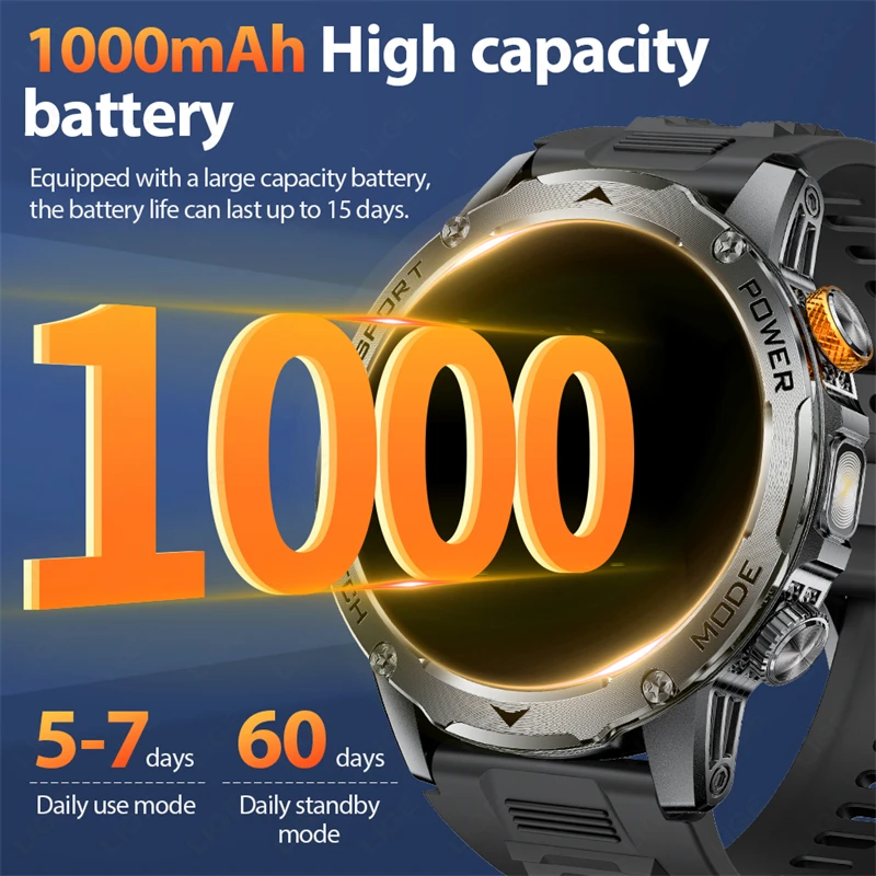 LIGE Outdoor Military Men Smart Watch Ultra 1000mAh Battery IP68 Waterproof Smart Bracelet Flashlight Bluetooth Call Smartwatch
