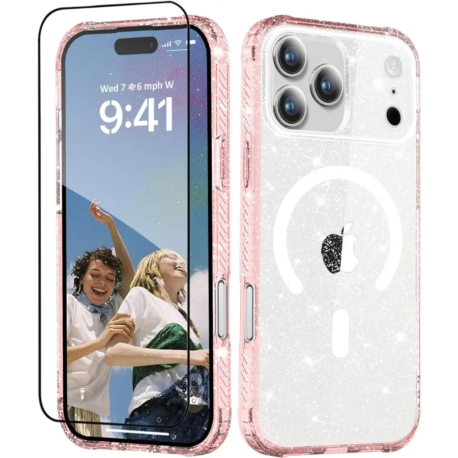 

Compatible with iPhone 17 Pro Case with Screen Protector for 6.3 Inch - Sparkle Pink Clear Glitter Design
