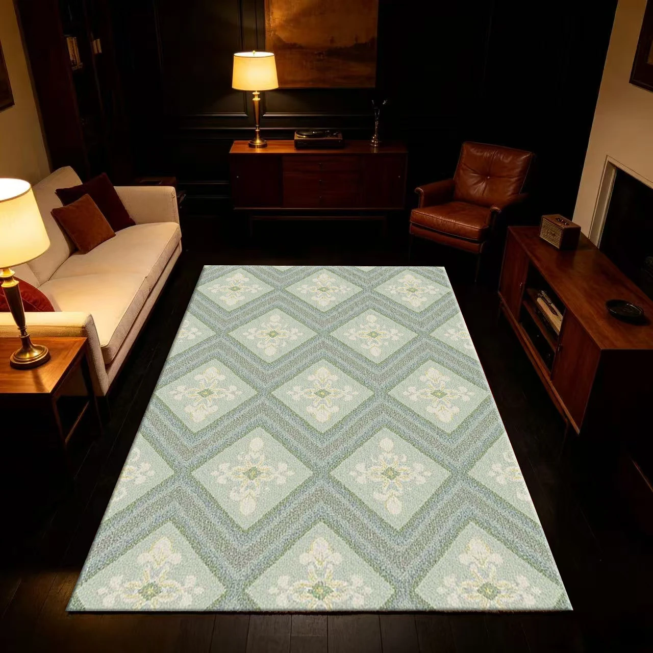Light Sage Green Diamond Floral Carpet Floor Mat in Classic Neutral Tones for Indoor Use