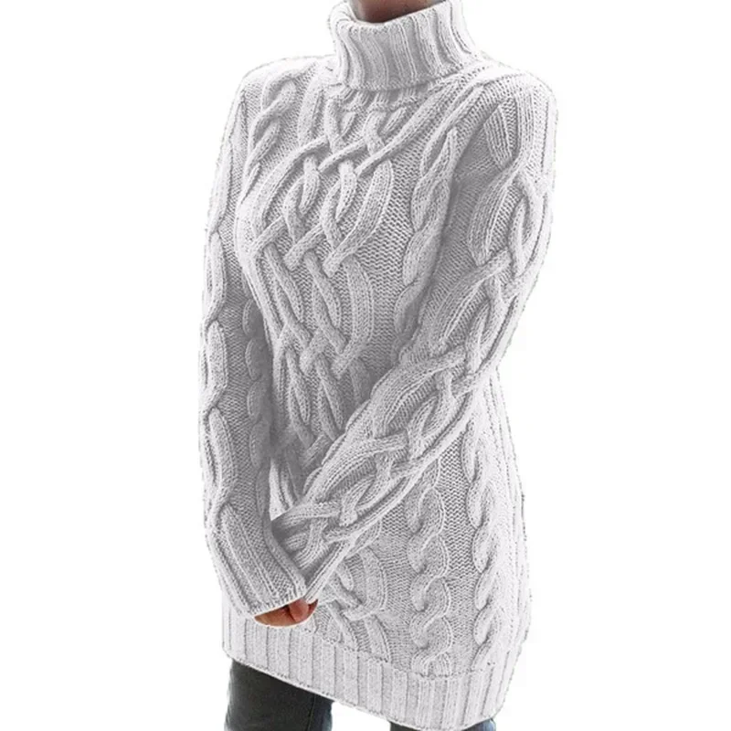 Women Fashion Long Sweater Dress High Collar Knitted Sweater Solid Color Thicken Pullovers Mini Vestidos 2024 Winter Autumn