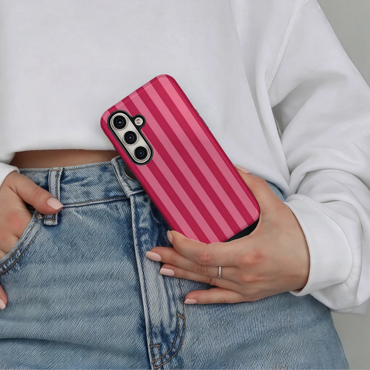Magenta Pink Stripes Phone Case For Samsung Galaxy S26 S25 Ultra S24 S23 Plus Hard Shock‑Absorption 2-in-1Protective Cover