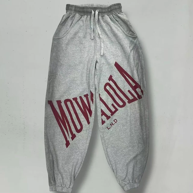 

Пятно-красный принт Mowalola, окрашивание спреем, потертые потертые широкие брюки для мужчин и женщин, свободные повседневные брюки высокого качества на шнурке