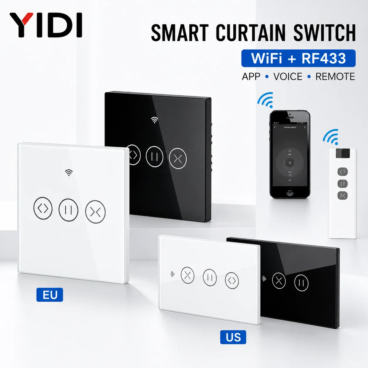 Сенсорный умный выключатель для штор Wi-Fi RF433, дистанционное управление голосом через Tuya, автоматический мотор для рулонных штор, настенный выключатель для ЕС/США, совместим с Alexa.