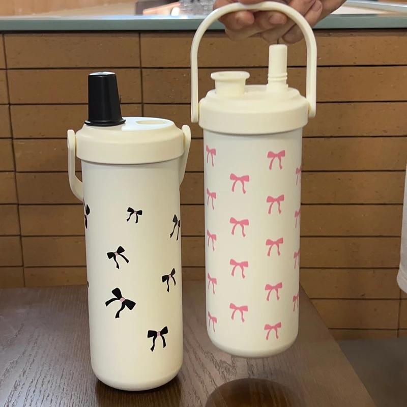 

Kawaii Bow Thermos Bottle With Straw Handle Cute Stainless Steel Thermal Cup For Tea Coffee 750ml Large Portable Water Bottle