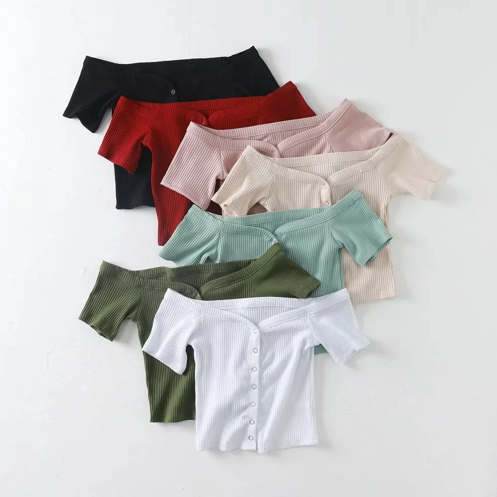 High Waist Short Sleeve T-Shirt Women's Elastic One-Shoulder Button-Up Cotton Top Youthful Commute Style Multi-Color Options