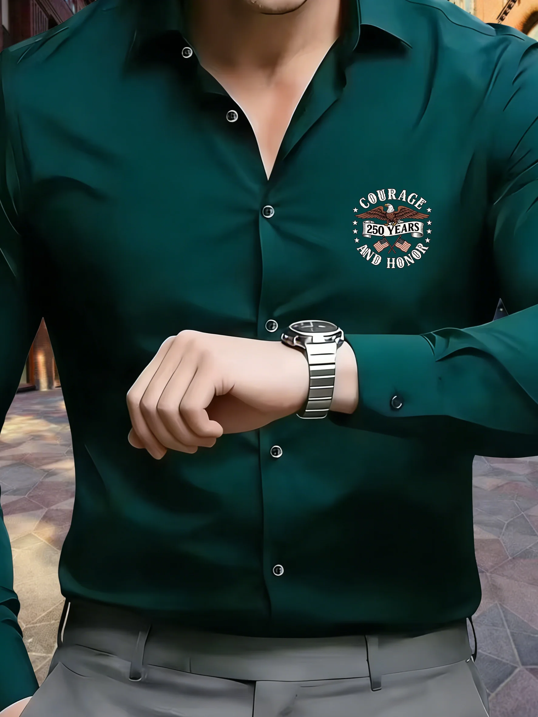Men's fashion long sleeved shirt 250th anniversary eagle print non ironing wrinkle resistant solid color business top