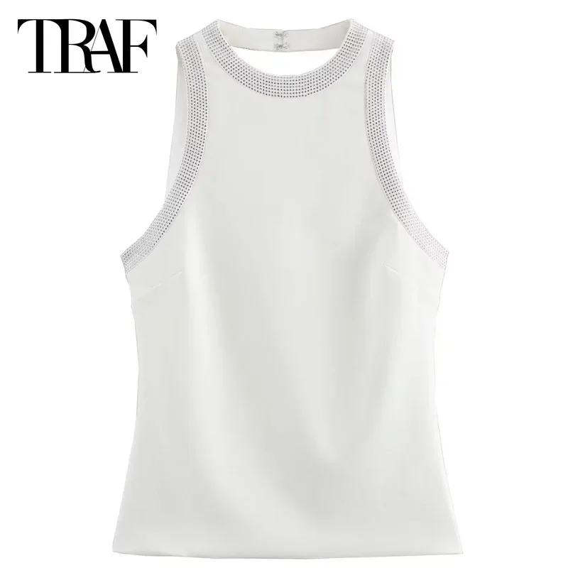 TRAF Women\'s Tube Top Summer 2024 Crop Sequins Vest O-Neck Sleeveless Backless Back Bandage Spandex Vest Fashion Ladies Tank Top