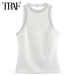 TRAF Women's Tube Top Summer 2024 Crop Sequins Vest O-Neck Sleeveless Backless Back Bandage Spandex Vest Fashion Ladies Tank Top