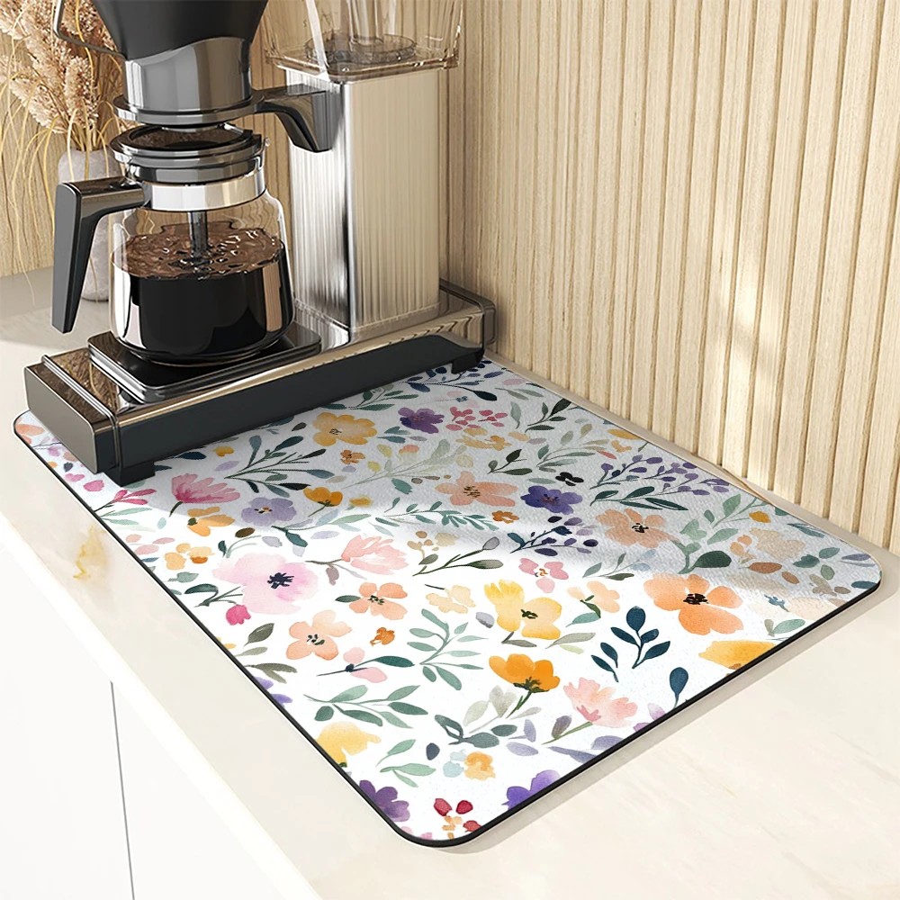 Absorbent Mat Plants Flowers Daisies Wildflowers Kitchen Antiskid Drying Mat Quick Dry Bathroom Drain Pad Tableware Mat