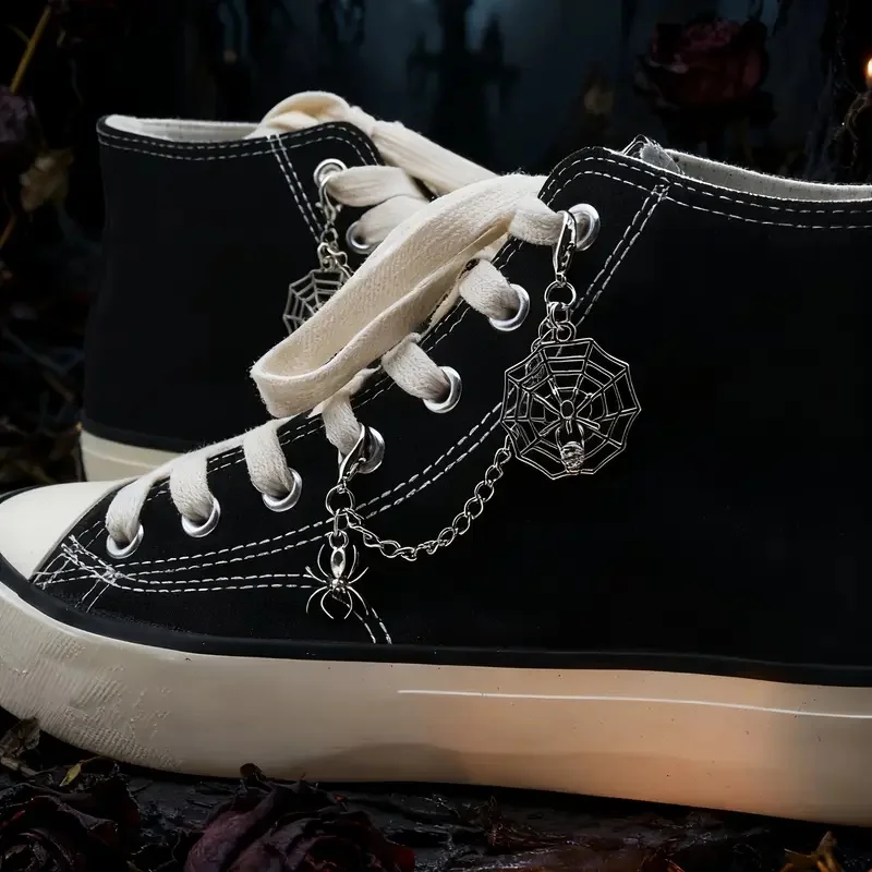 1pair/2pcs Gothic Halloween Shoelace Chain with Spider Web & Spider Accent – Punk Dark Style Shoe Decoration for Festivals