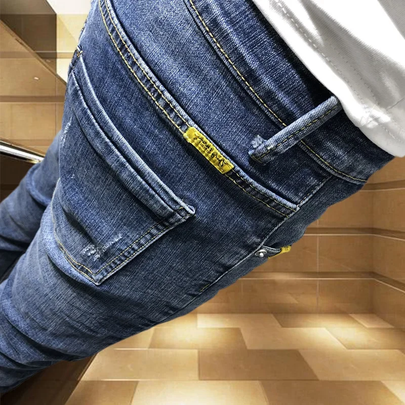 Jeans Men Long Pants Denim Pencil Pant Straight Trousers Sheath Slim Fit Casual High Waist Pocket Button Simple Winter