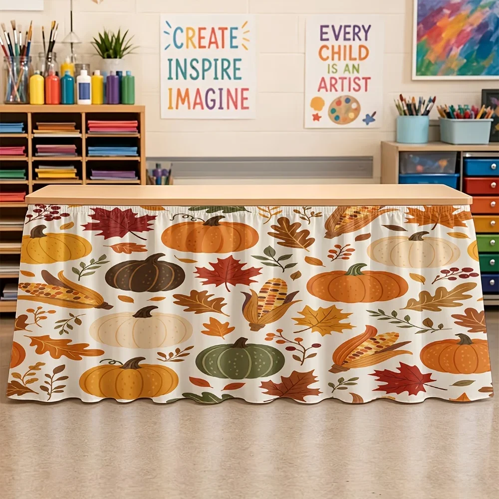 Halloween, Christmas, back-to-school season, party table skirts, yellow pumpkin and maple leaf printed elements, etc.xzj