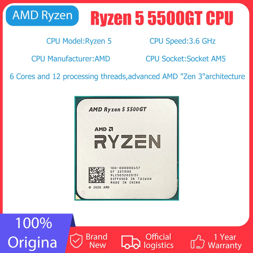 AMD Ryzen 5 5500GT 3.6 GHz 6-core Processor 12-Thread 65W CPU L3=16M Socket AM4 R5 5500GT 7NM DDR4 CPU Integrated Graphics New