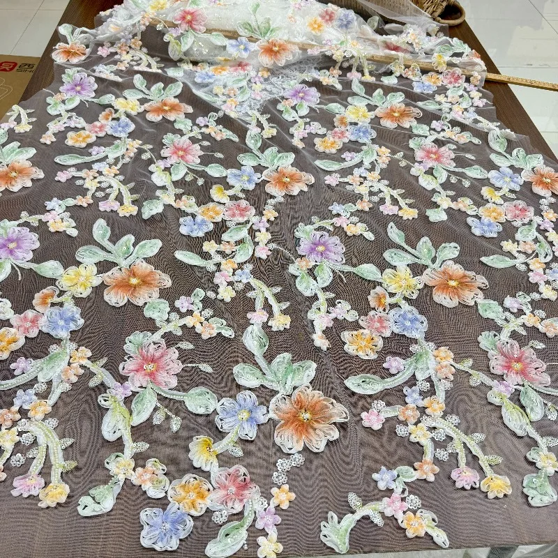 Premium Beaded Lace Fabric 3D Floral Embroidery for Cheongsam Wedding Dress Craft Supplies