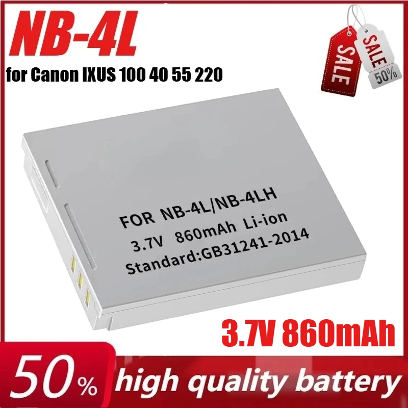 

NB-4L/4LH 3.7V 860mAh Battery for Canon IXUS 100 40 55 65 75 120 220 255 I5 I7 110 130 117 230 115 SD960 SD780 TX1 70 50 Camera