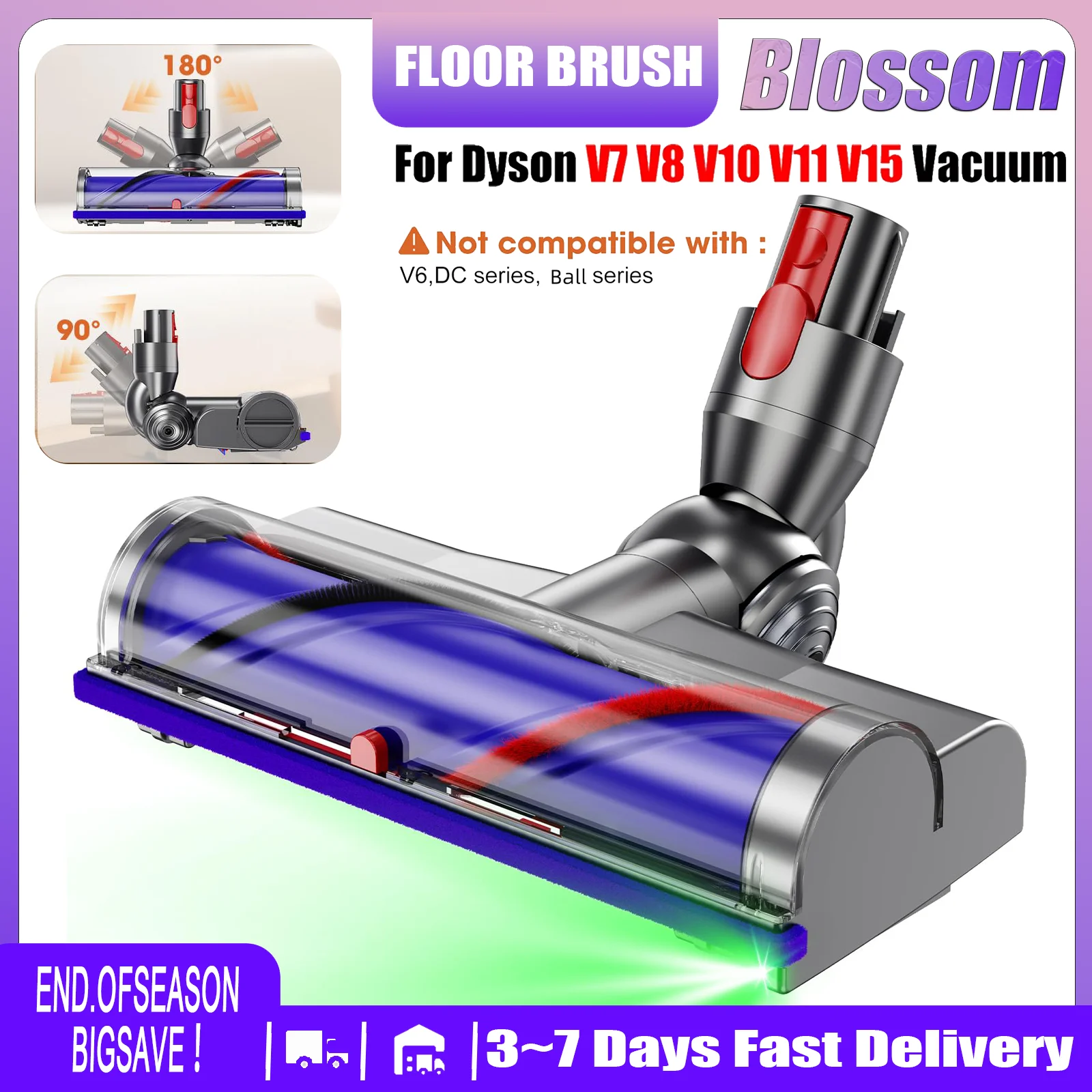 Blossom Vacuum Cleaner Head V-Shaped/Standard for Dyson V7 V8 V10 V11 V15, Detachable Washable Floor Carpet Roller Brush, Handheld Vacuum Accessory Replacement Part