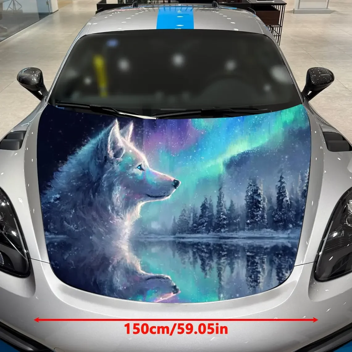 Aurora White Wolf Car Hood Vinyl Wraps Sticker, PVC Waterproof Car Bonnet Decals, Self-Adhesive Scratch-Resistant Stickers For E