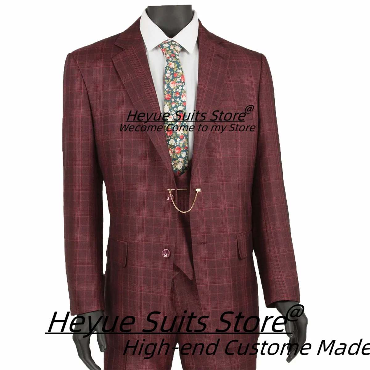 

High-end Plaid Men Suits Customized Slim Fit Notched Lapel Groom Wedding Tuxedos 3 Pieces Sets Male Party Blazers Costume Homme