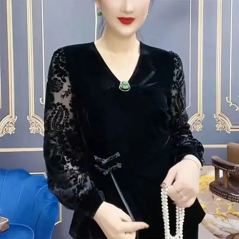Long-sleeved New Chinese Style Bottoming Gold Velvet Top That Covers the Flesh Makes You Look Slim Western-style Buttoned Top