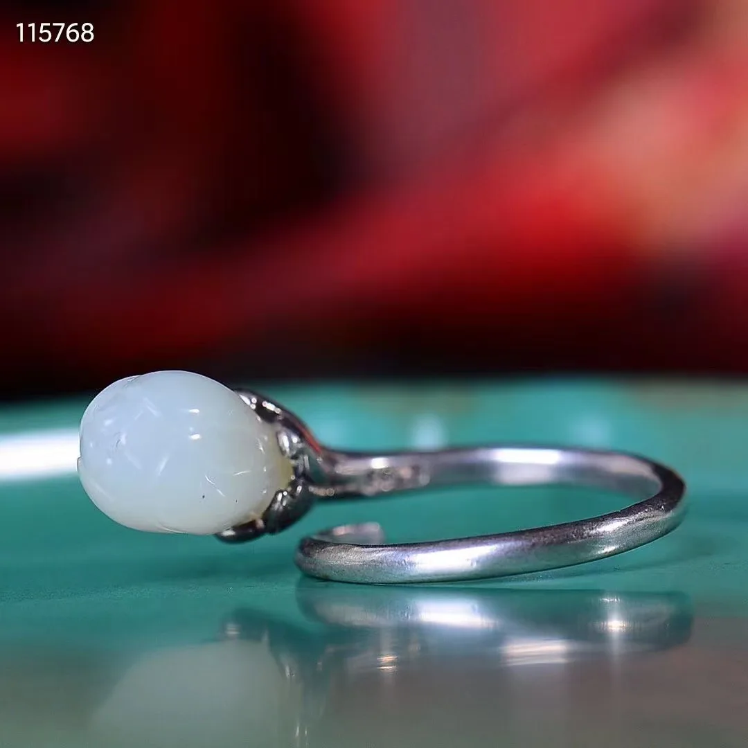 

Natural 100% real 925 sterling silver inlaid white hetian jade rings Magnolia Open Ring jade rings for women engagement gift