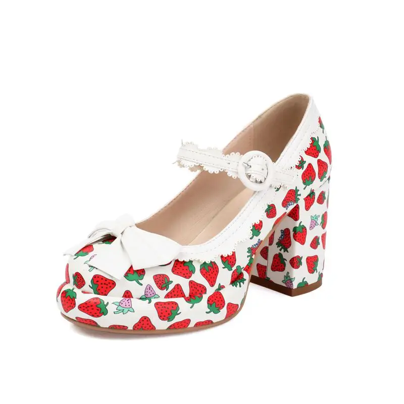 

SIMLOVEYO Janes Women Pumps Bowknot Strawberry Mixed Color 33 41 42 43 Sweet Girls Shoes Round Toe High Heel 8.5cm Platform Sale
