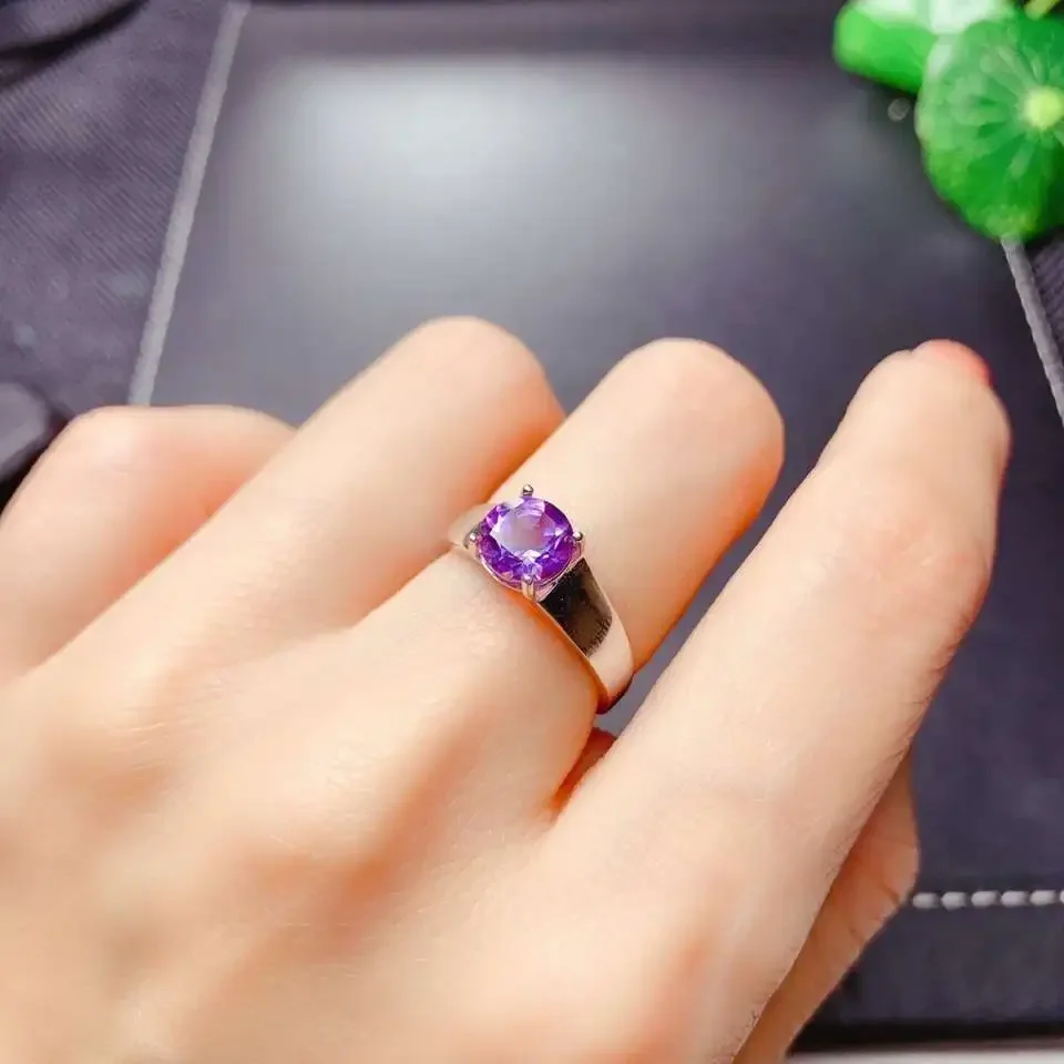 CoLife Jewelry Simple Silver Amethyst Ring 8mm Natural Amethyst Silver Ring 925 Silver Gemstone Ring Gift for Woman