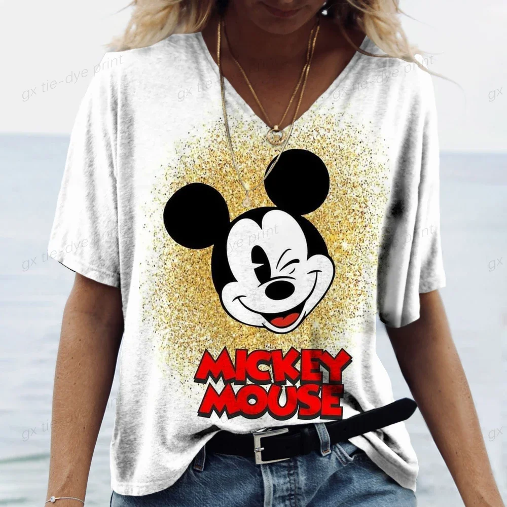 2024 Summer Disney Mickey Mouse Pattern 3d Abstract Painting Damska koszulka z dekoltem w szpic Luźny, swobodny, uliczny, wielokolorowy top dla dziewczynki