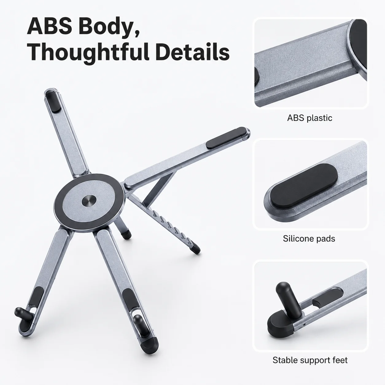 Universal Foldable 4‑Point Support Stand, Angle Adjustable ABS Bracket for Phone Tablet Laptop, Easy Carry for Travel Office Hom
