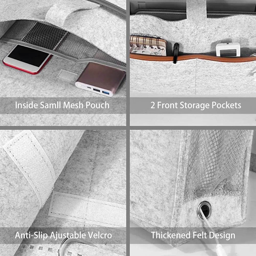 ABWR-2X 침대 옆 정리함, 티슈 상자 및 물병 홀더가 있는 펠트 침대 보관함, 잡지 전화 태블릿 - 라이트 그레이