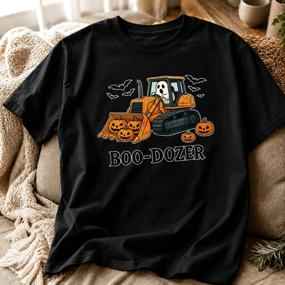 Funny Boo‑Dozer Halloween Ghost Bulldozer Graphic T‑Shirt Cute Ghost Driving Construction Truck Jack‑O‑Lantern Pumpkin Bat Tees
