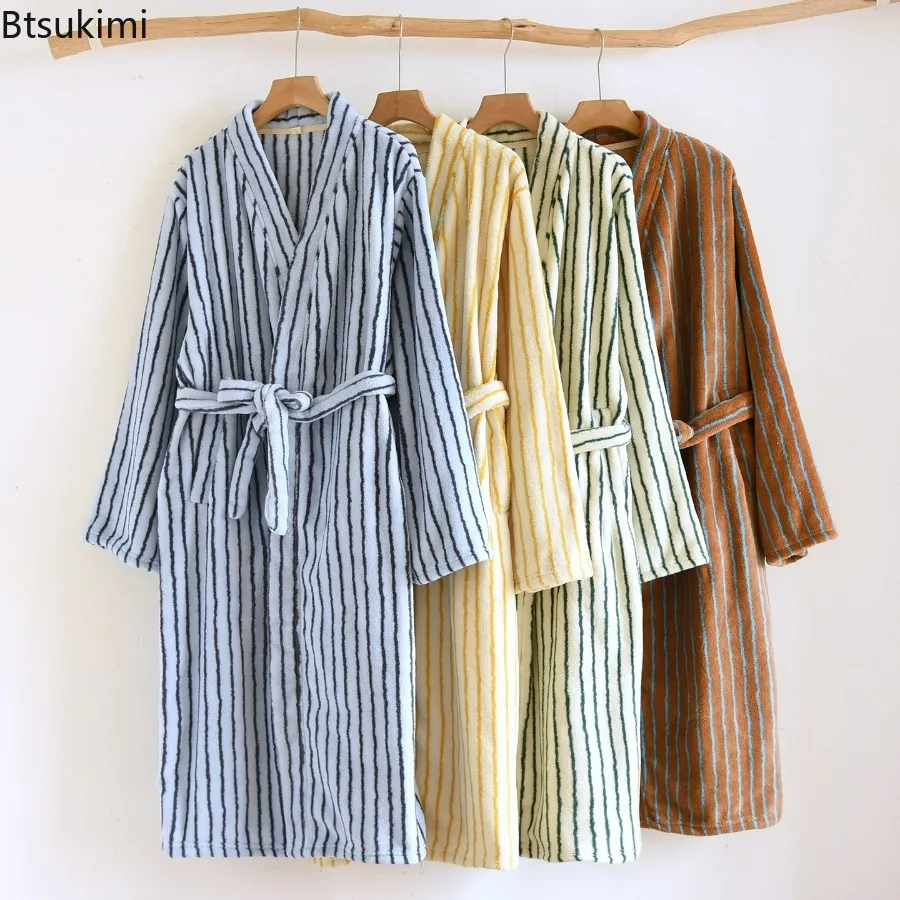 Women's Thickened Long Coral Fleece Sleepwear Autumn Winter Warm Simple Striped Loose Flannel Robe Bathrobe Comfortable Robes