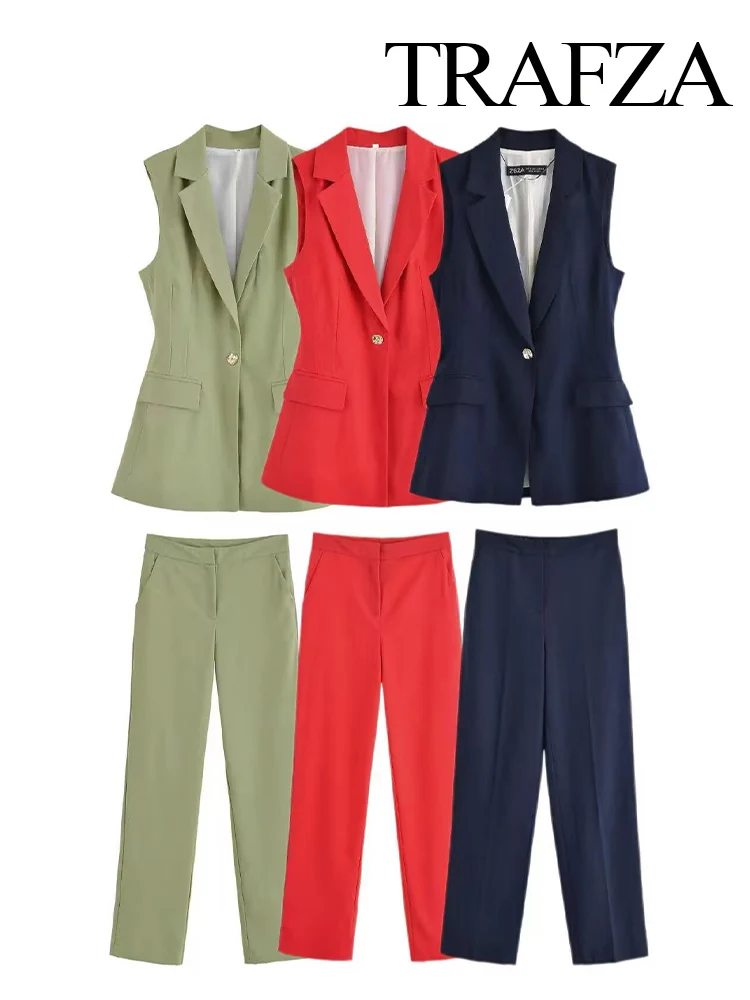 

TRAFZA Women Fashion Lines Blended Lapel One-Button Long Sleeveless Top+High Waist Casual Zipper Side Pocket Straight Pants Suit