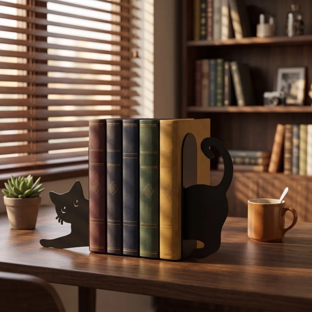 Reading Enthusiast Decorative Cat Bookend Cute Unique Metal Bookend Versatile Exquisite Creative Book Stopper Library