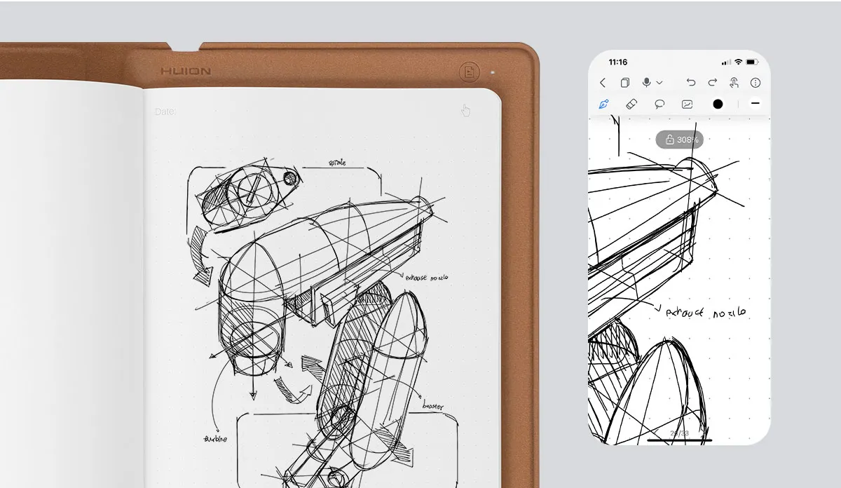 HUION Note-tableta de dibujo Digital 2 en 1 con bolígrafo sin batería, tableta de papel inalámbrica Bluetooth, bloc de e