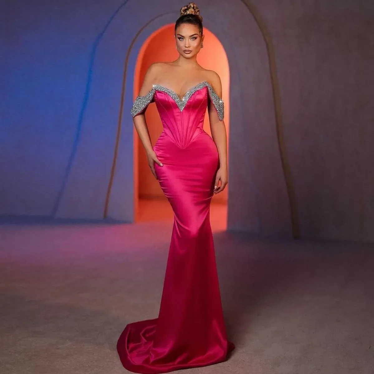 Abito da spettacolo di ballo rosa fucsia con spalle scoperte Perline Sirena Abiti lunghi da festa di compleanno Abiti da cerimonia Abiti da festa