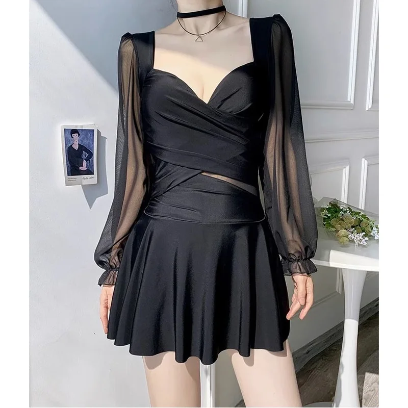 2023 Summer Exquisite V-Tie Chest Cushion Steel Tray Gathered High Waist Covering Belly Back Hollow Out Beach Skirt Swimwear