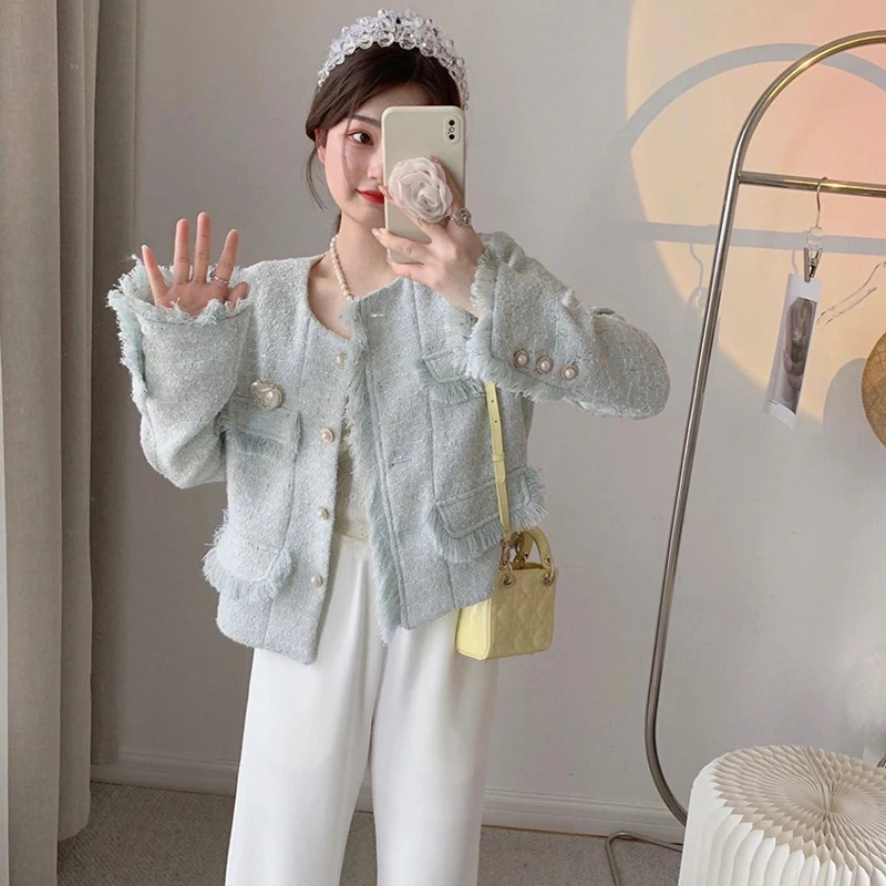 

Autumn Light Blue Women Tweed Newest Tassel Coats Elegant Outerwear Casaco Jackets
