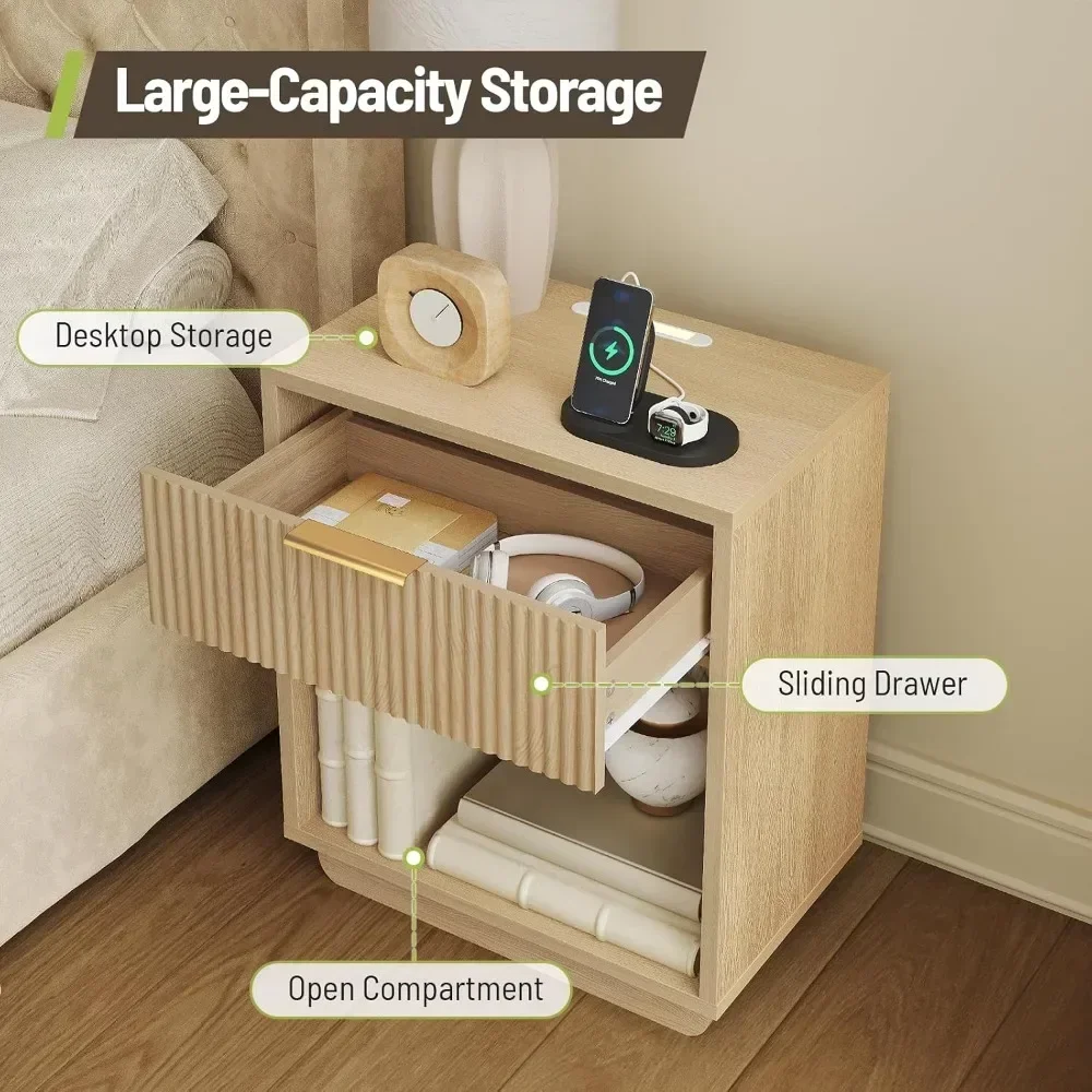 Modern Fluted End Table Duo for Bedroom, USB LED Night Light Charging Ports, Drawer and Shelf view 6
