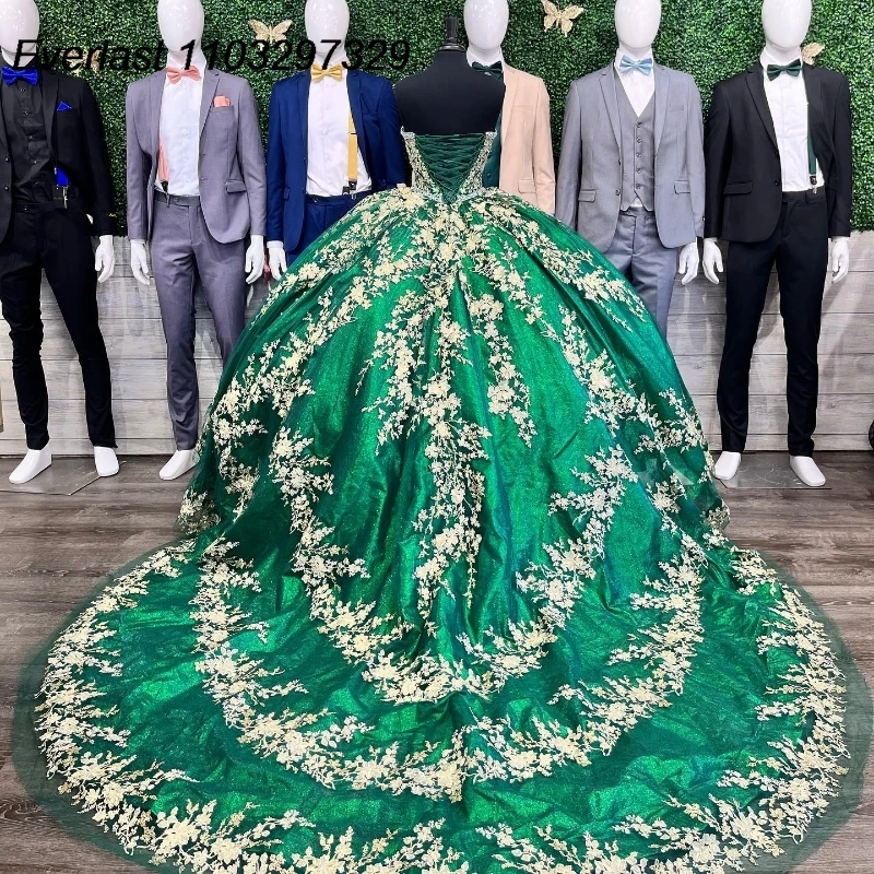 EVLAST abito Quinceanera verde lucido 2024 abito da ballo Applique in pizzo dorato perline messico corsetto dolce 16 Vestido De 15 Anos TQD378